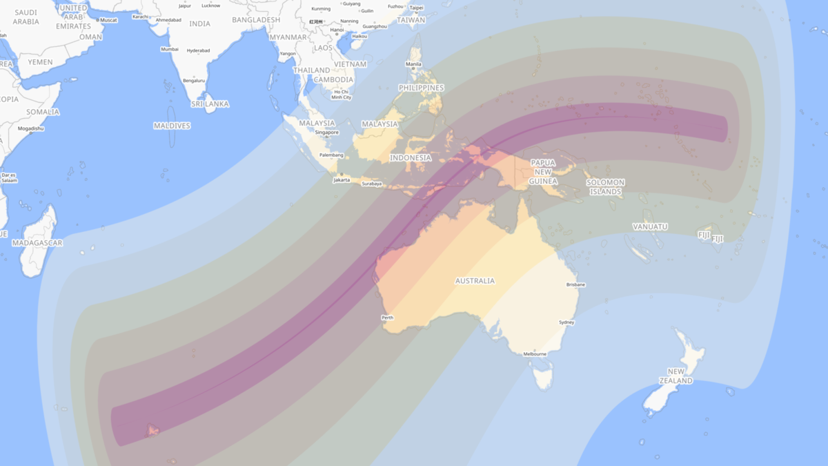 A map showing the solar eclipse of April 20, 2023.